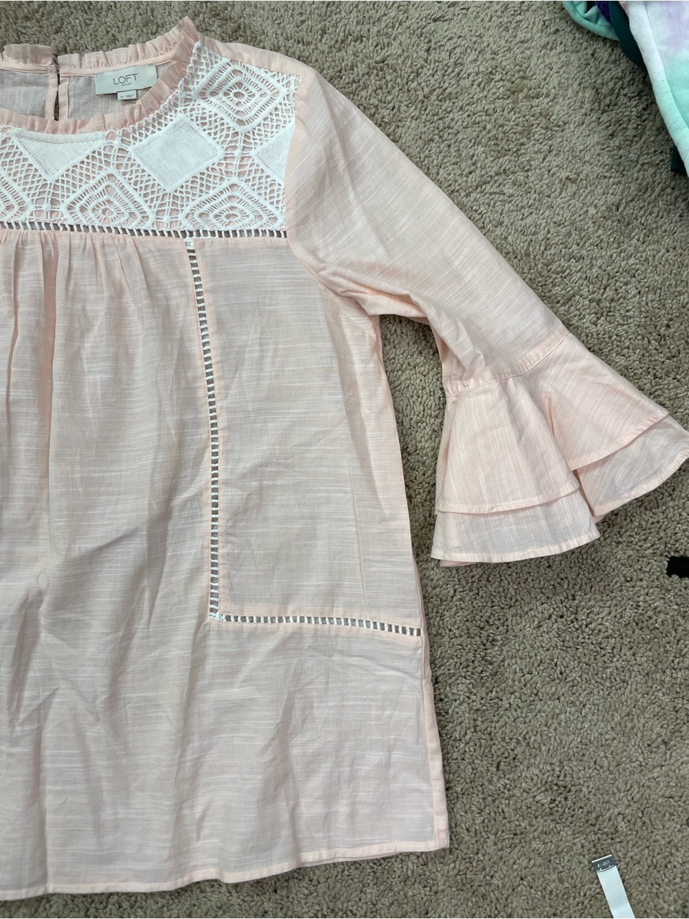 Loft Women’s Pale Pink Eyelet Yoke Peasant‎ Top - Picture 3 of 12